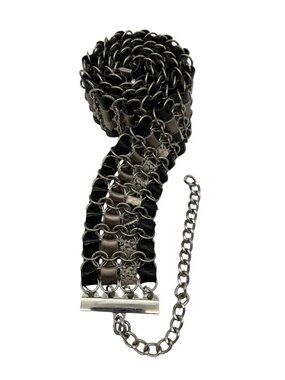 Boho Multi-Strand Chain+Genuine Leather Wide Belt Silver/Black/Snake - Size M/L